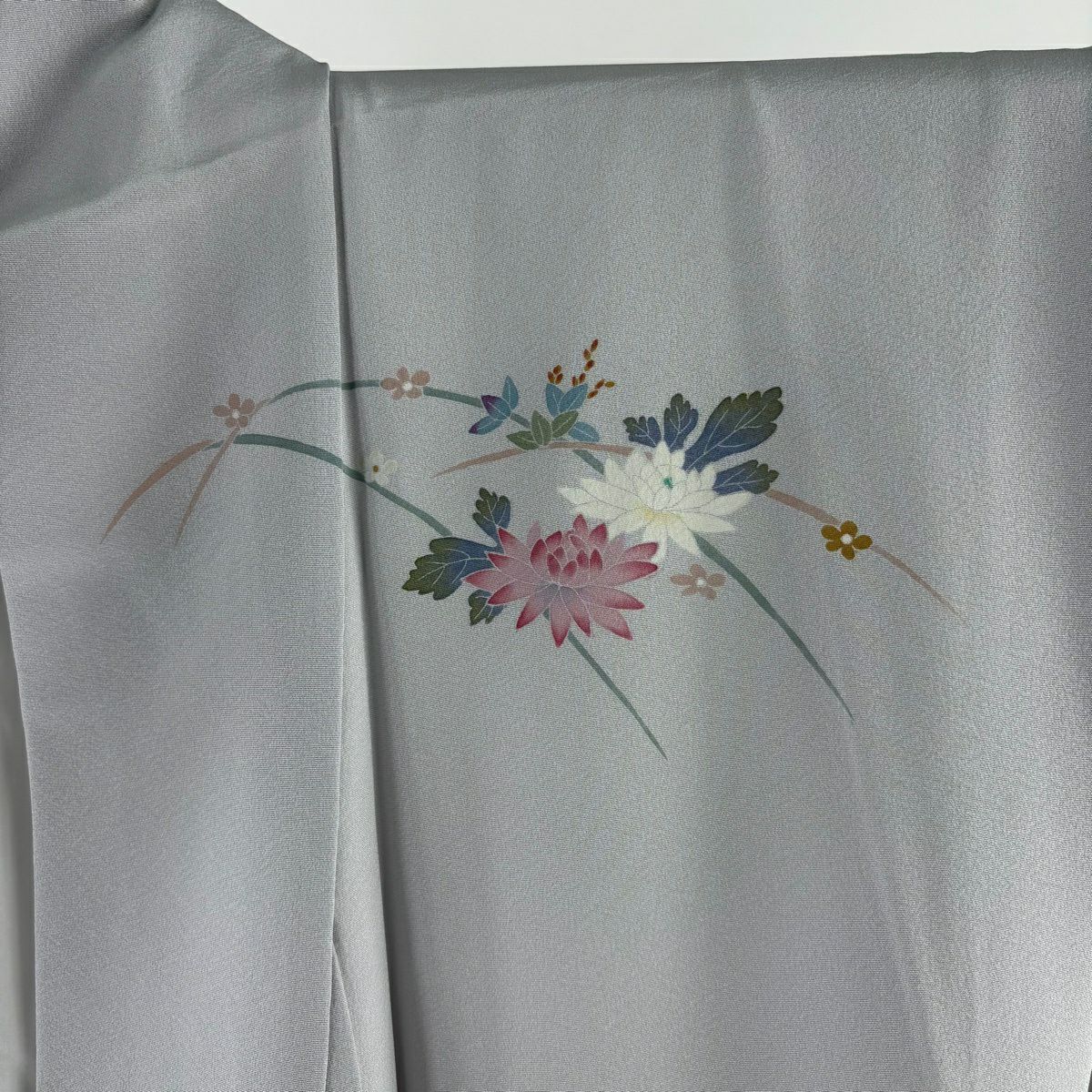 付下 身長158.5cm 袖長64cm M 雙層 岡本幸治 落款あり 菊花 草花紋紋 灰 純蠶絲 逸品級