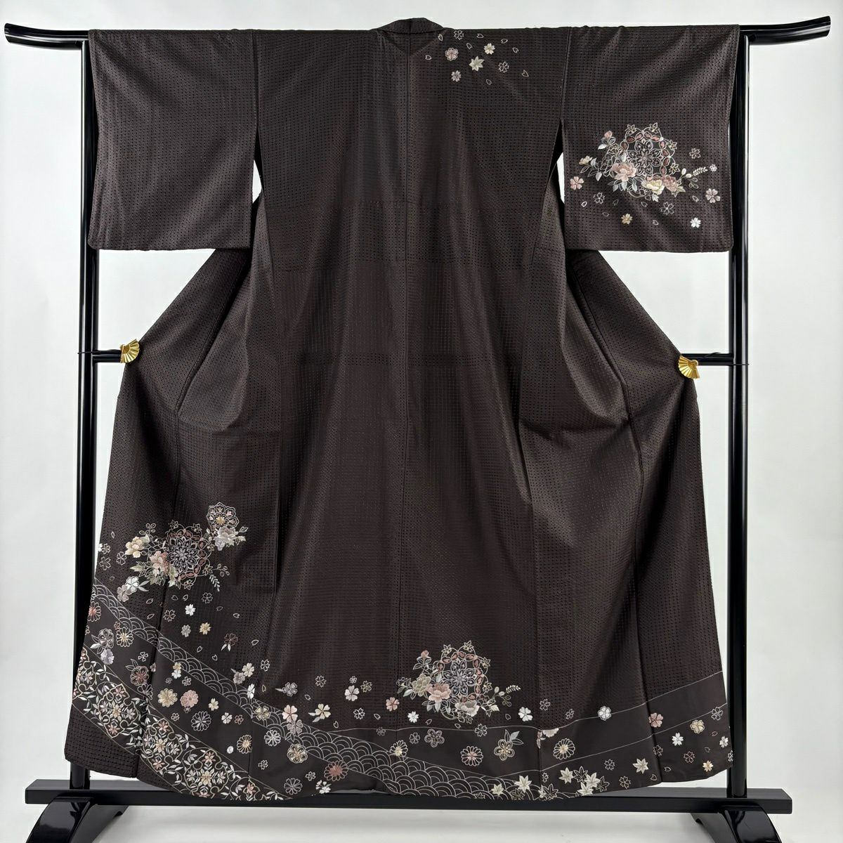 訪問服 身長157cm 袖長65.5cm M 雙層 華紋 櫻花 刺繡 焦茶 純蠶絲 逸品級