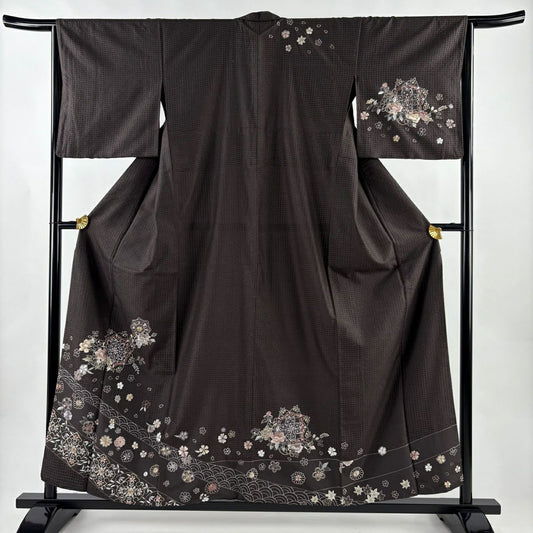 訪問服 身長157cm 袖長65.5cm M 雙層 華紋 櫻花 刺繡 焦茶 純蠶絲 逸品級