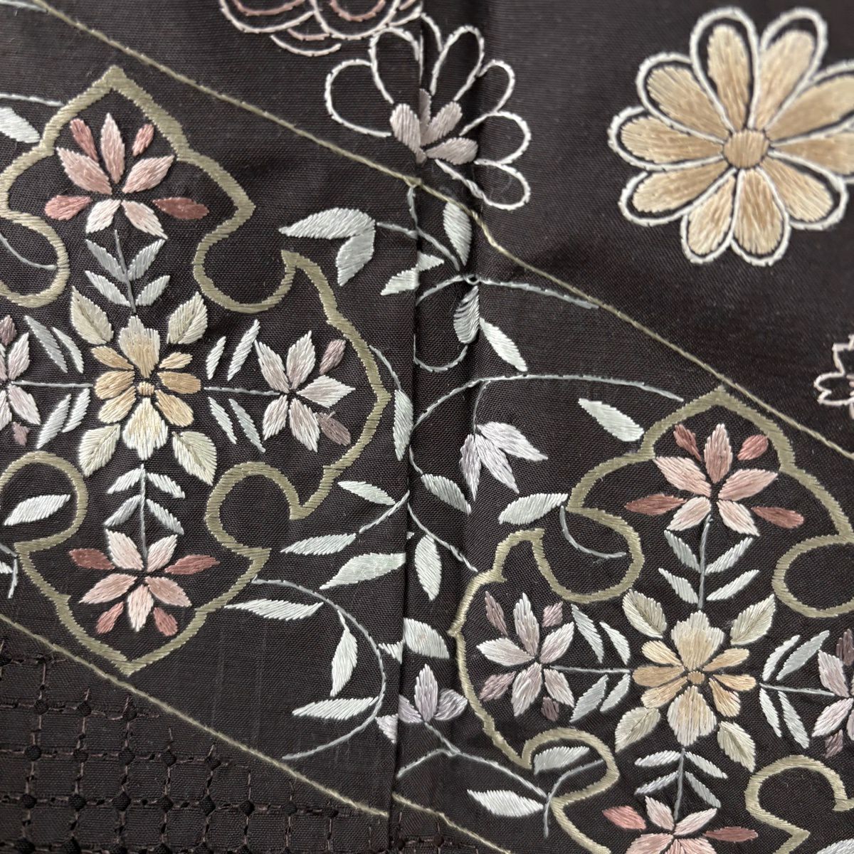 訪問服 身長157cm 袖長65.5cm M 雙層 華紋 櫻花 刺繡 焦茶 純蠶絲 逸品級