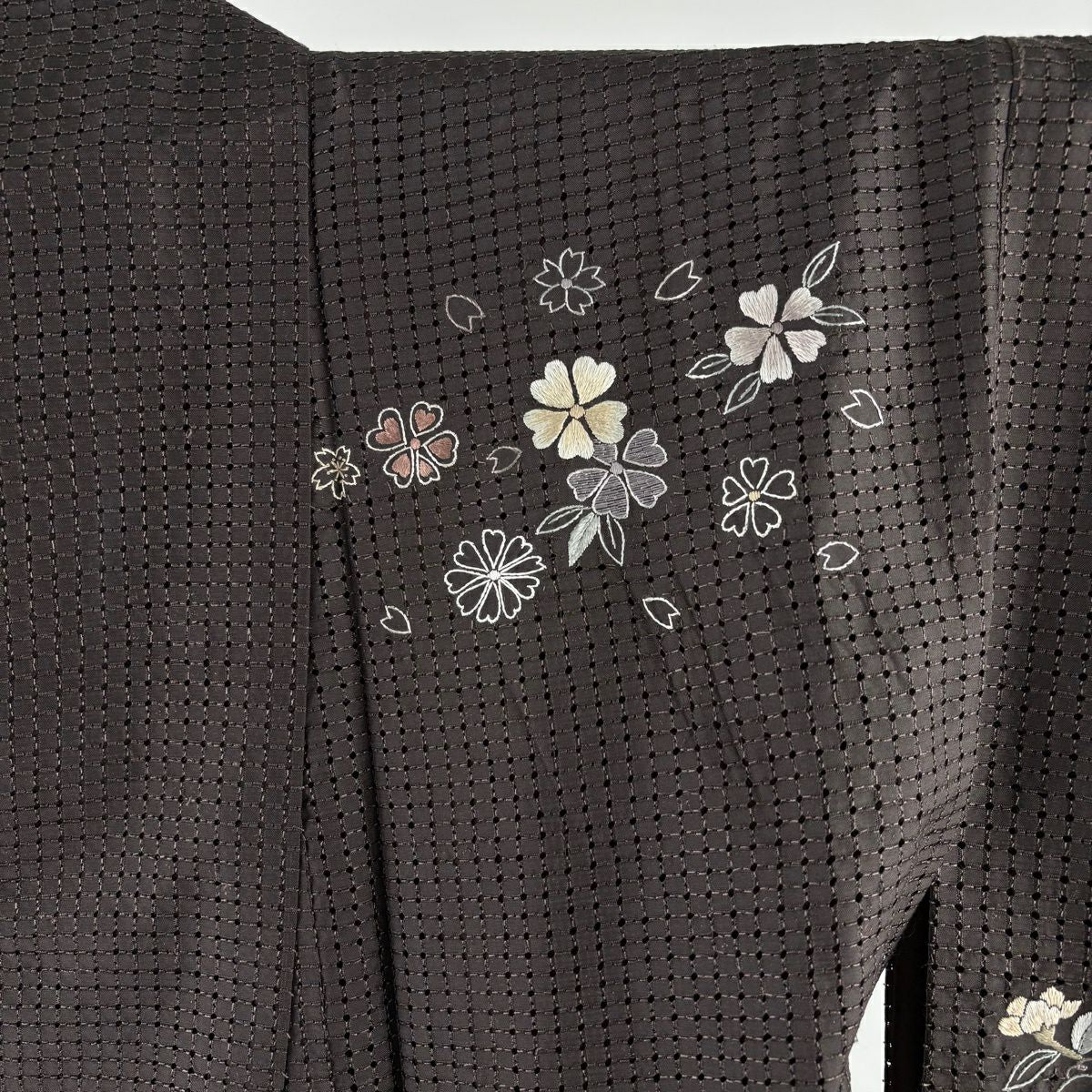 訪問服 身長157cm 袖長65.5cm M 雙層 華紋 櫻花 刺繡 焦茶 純蠶絲 逸品級