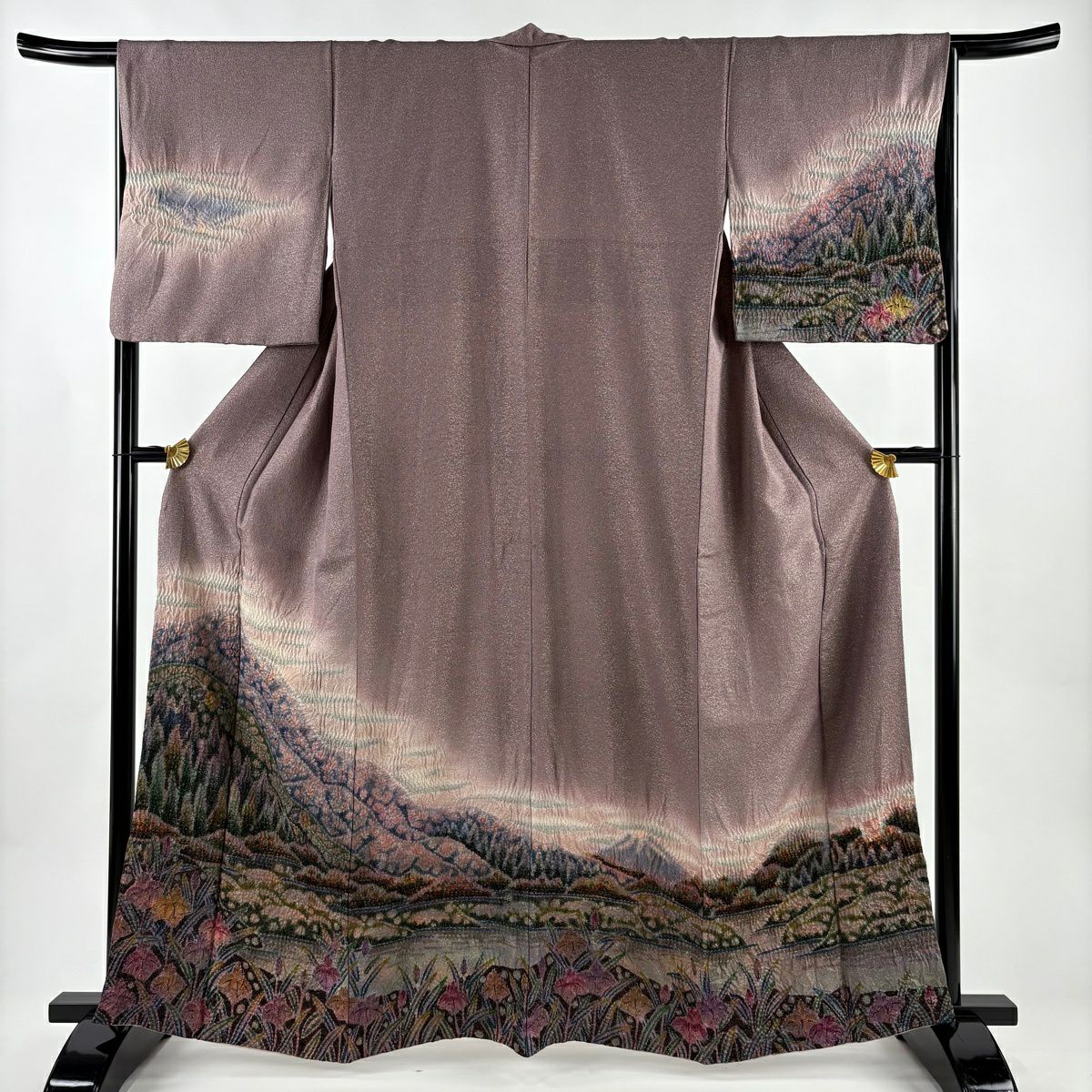 【美品】 付下 身長163cm 袖長66cm M 雙層 樋熊哲也 落款あり 風景 菖蒲 金銀彩 絞染 小豆 純蠶絲 逸品級