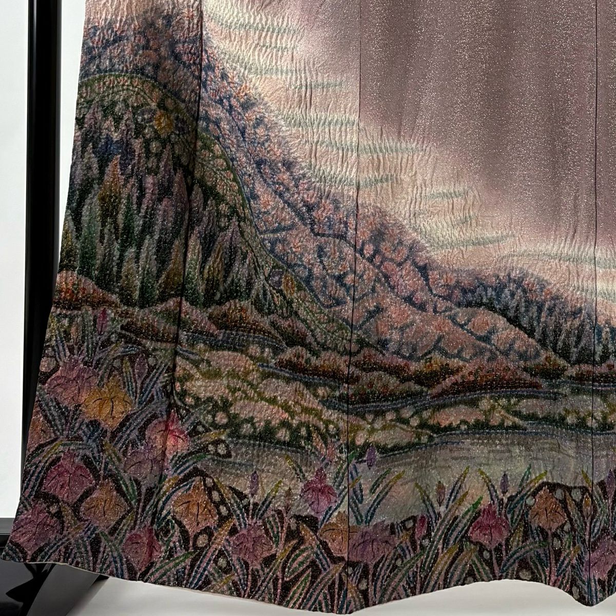 【美品】 付下 身長163cm 袖長66cm M 雙層 樋熊哲也 落款あり 風景 菖蒲 金銀彩 絞染 小豆 純蠶絲 逸品級
