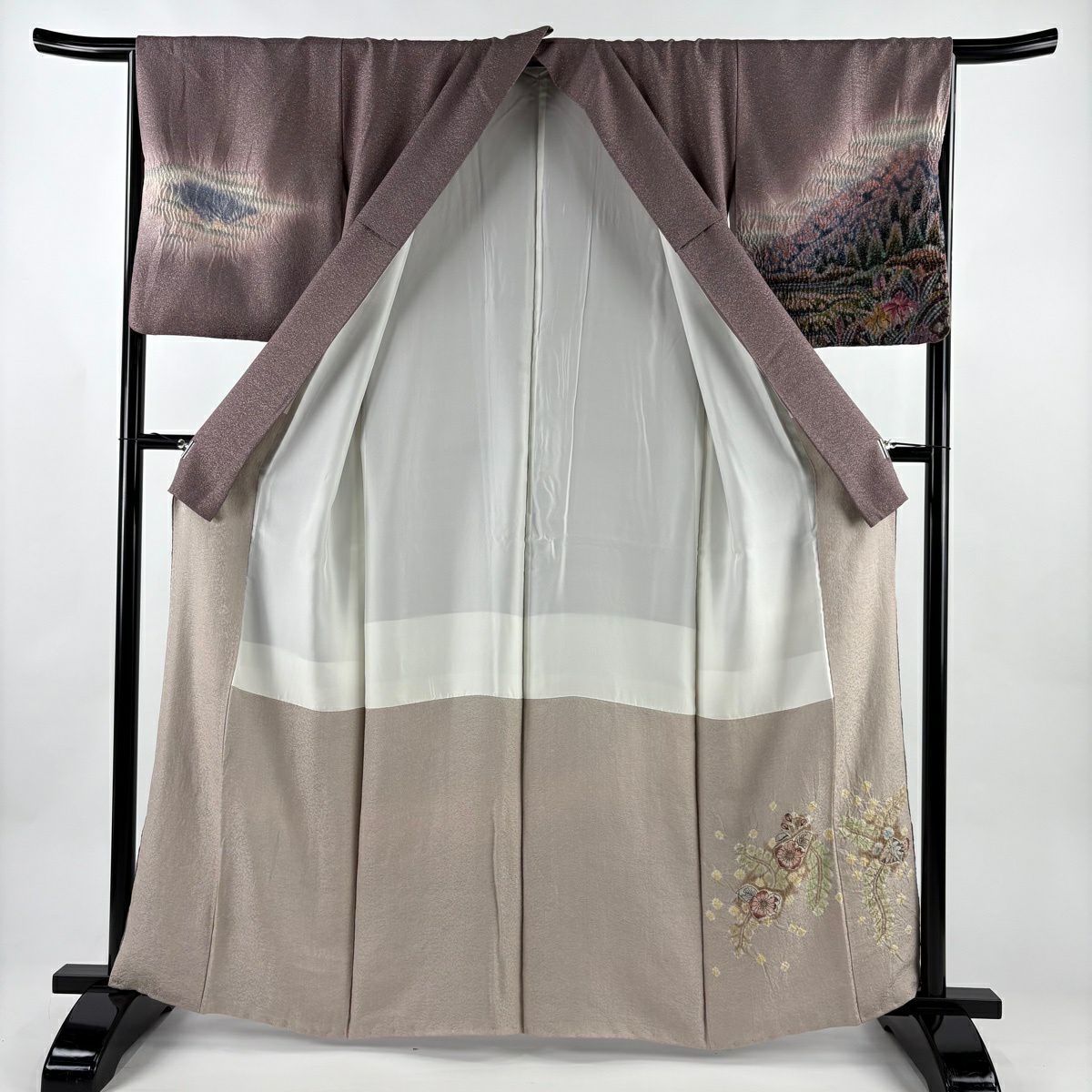 【美品】 付下 身長163cm 袖長66cm M 雙層 樋熊哲也 落款あり 風景 菖蒲 金銀彩 絞染 小豆 純蠶絲 逸品級