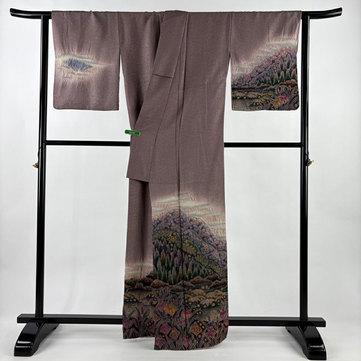 【美品】 付下 身長163cm 袖長66cm M 雙層 樋熊哲也 落款あり 風景 菖蒲 金銀彩 絞染 小豆 純蠶絲 逸品級