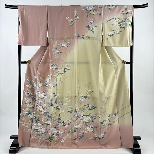 【美品】訪問服 身長170cm 袖長67.5cm L 雙層 坂井修 落款あり 草花紋紋 染分 ぼかし 淡粉色 純蠶絲 逸品級 一つ紋