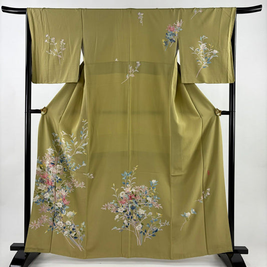 訪問服 身長162.5cm 袖長66.5cm M 雙層 宮野勇造 落款あり 枝花 茶綠 純蠶絲 逸品級
