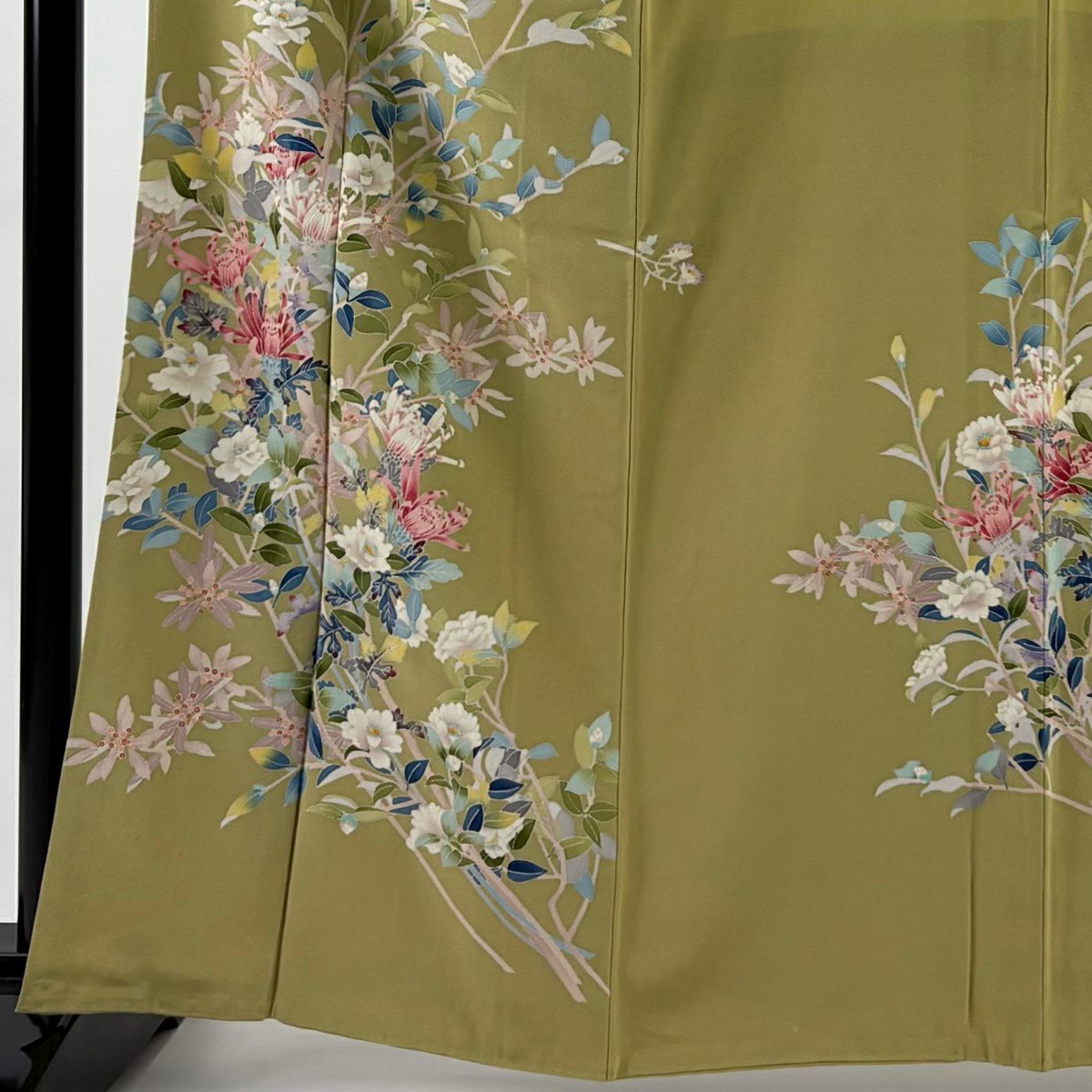 訪問服 身長162.5cm 袖長66.5cm M 雙層 宮野勇造 落款あり 枝花 茶綠 純蠶絲 逸品級