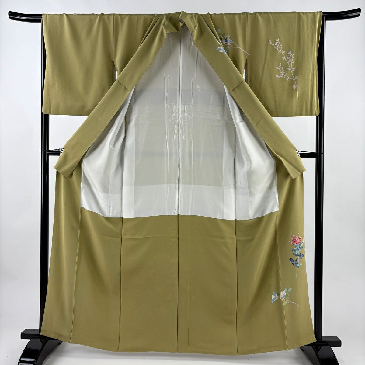 訪問服 身長162.5cm 袖長66.5cm M 雙層 宮野勇造 落款あり 枝花 茶綠 純蠶絲 逸品級