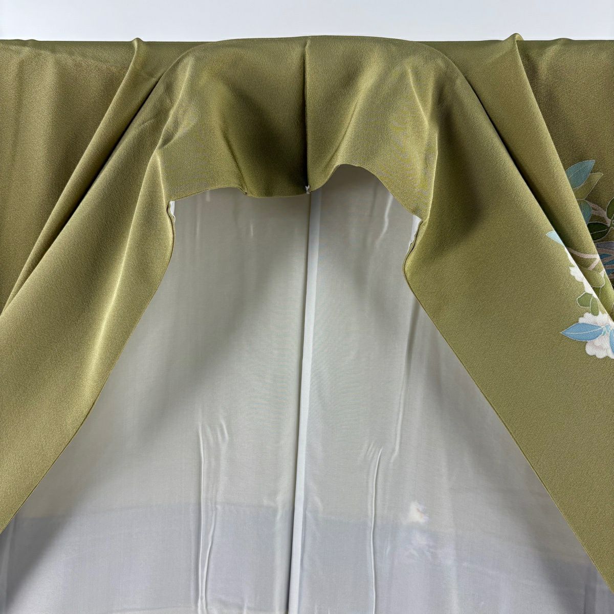 訪問服 身長162.5cm 袖長66.5cm M 雙層 宮野勇造 落款あり 枝花 茶綠 純蠶絲 逸品級