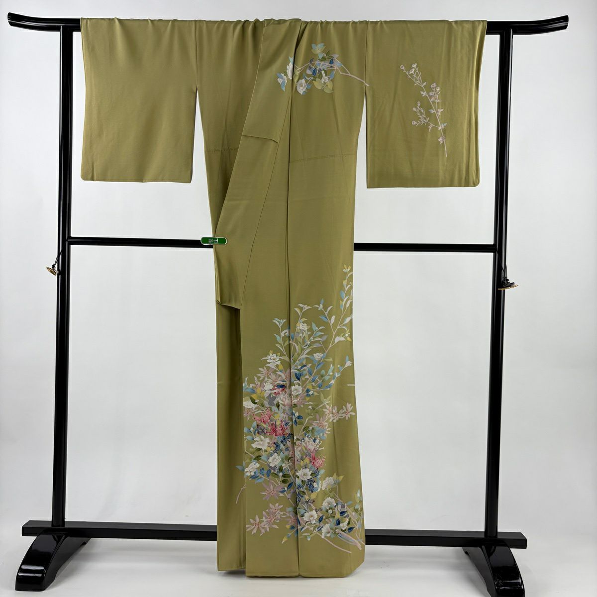 訪問服 身長162.5cm 袖長66.5cm M 雙層 宮野勇造 落款あり 枝花 茶綠 純蠶絲 逸品級