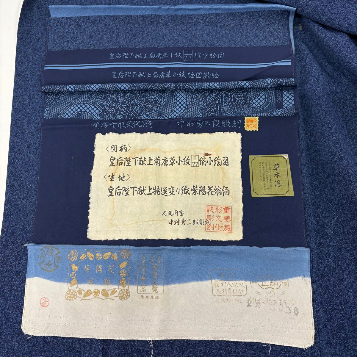 江戶小紋 身長154.5cm 袖長62.5cm S 雙層 人間國寶 中村勇二郎 落款あり 古代菊花 草木染 深藍 純蠶絲 逸品級 一つ紋