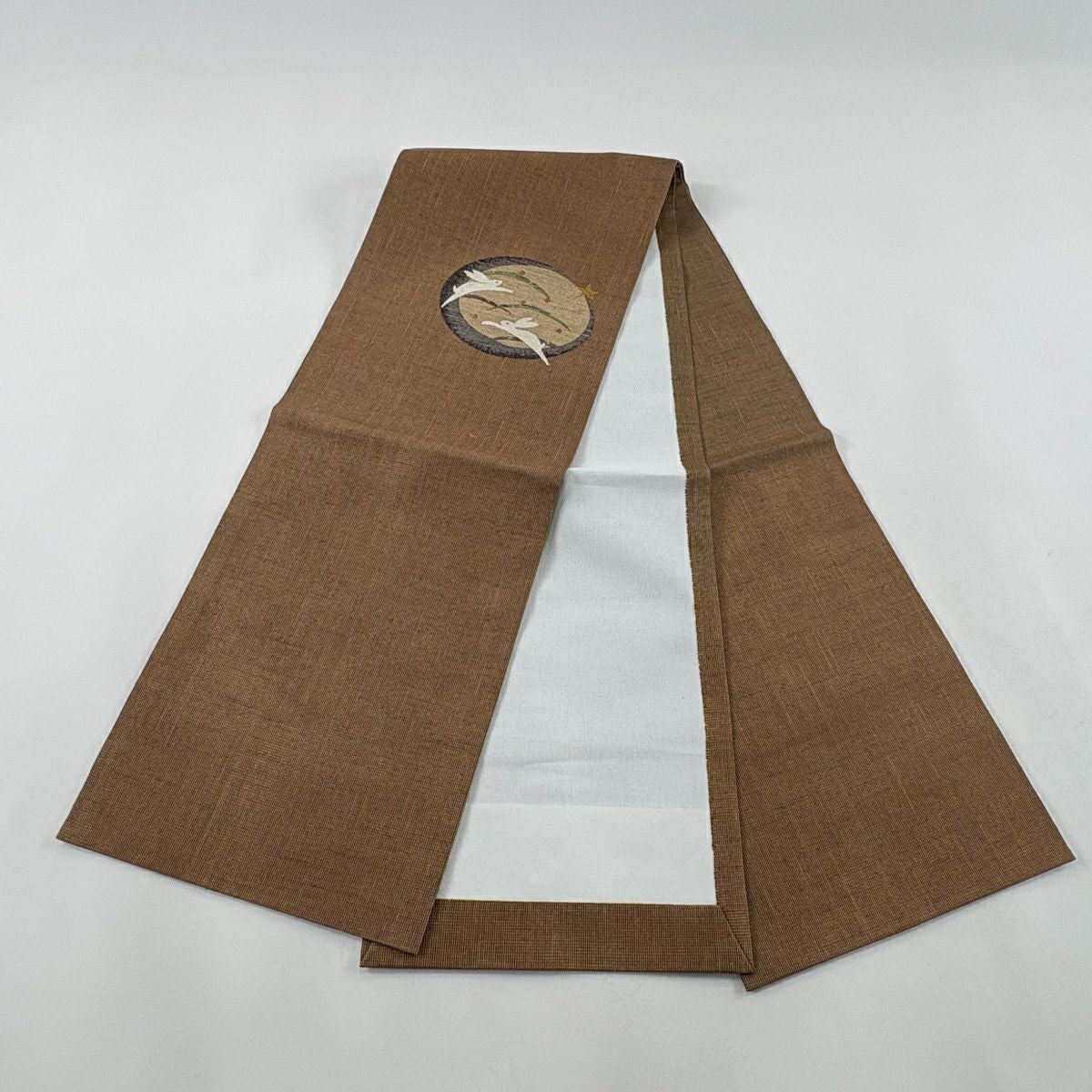 【美品】 開口名古屋帶 逸品級 しょうざん 落款あり 兔子 露芝 刺繡 金線 茶 純蠶絲