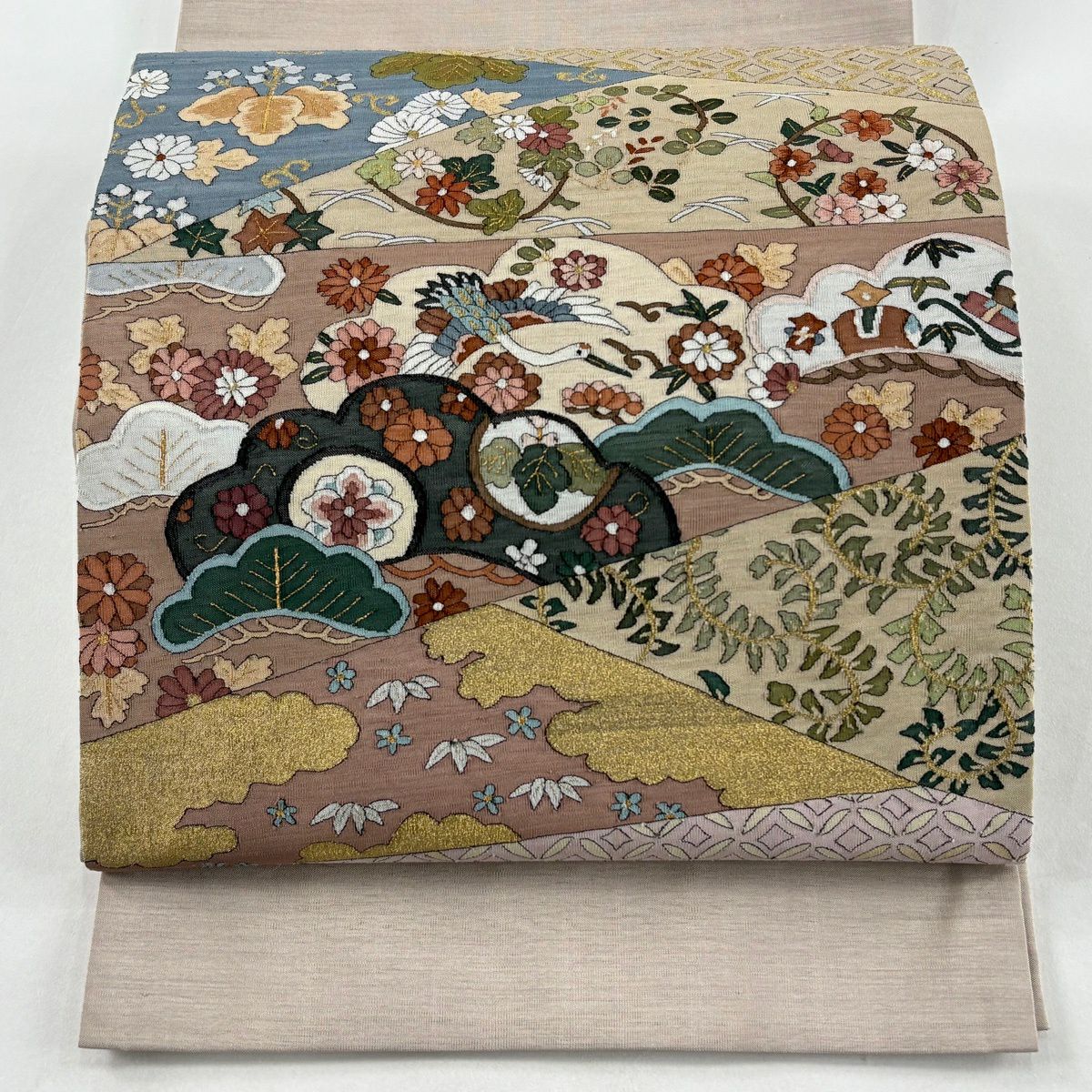 袋帶 逸品級 松樹 雲紋 金絲 淺棕色 大鼓圖案 純蠶絲