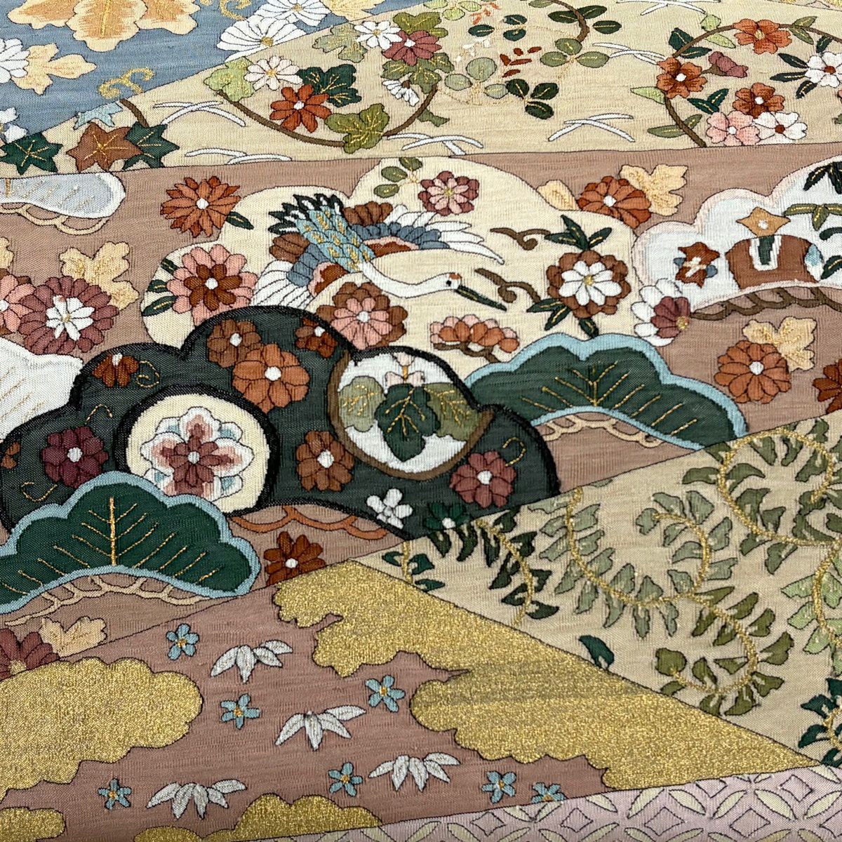 袋帶 逸品級 松樹 雲紋 金絲 淺棕色 大鼓圖案 純蠶絲