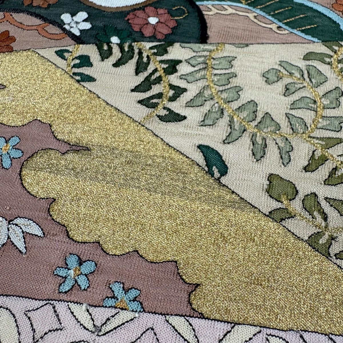 袋帶 逸品級 松樹 雲紋 金絲 淺棕色 大鼓圖案 純蠶絲