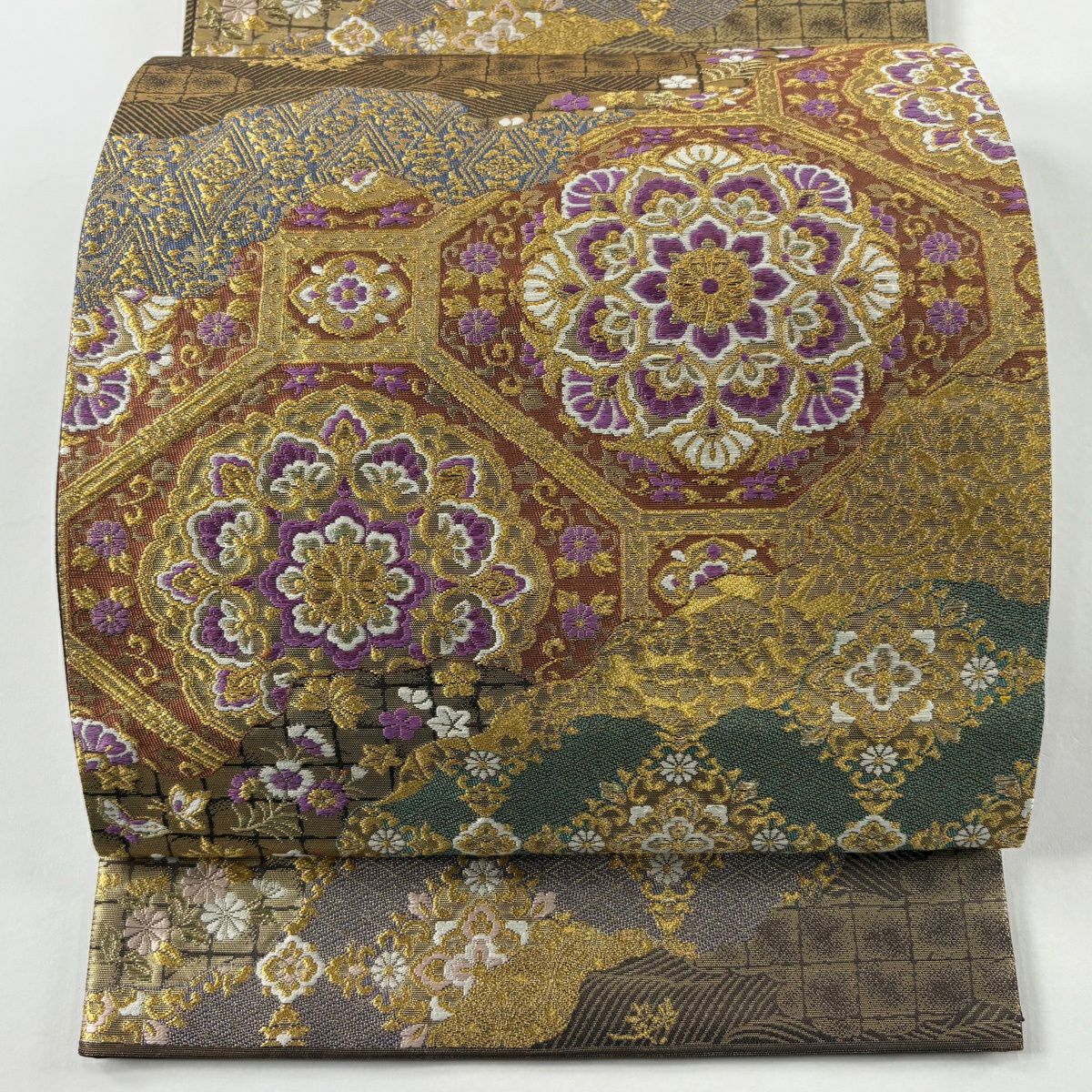 【美品】 袋帶 逸品級 じゅらく 落款あり 帝王紫 道長取 蜀江華紋 金金箔 金絲 焦茶 お太鼓柄 純蠶絲