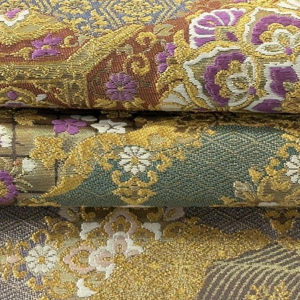 【美品】 袋帶 逸品級 じゅらく 落款あり 帝王紫 道長取 蜀江華紋 金金箔 金絲 焦茶 お太鼓柄 純蠶絲