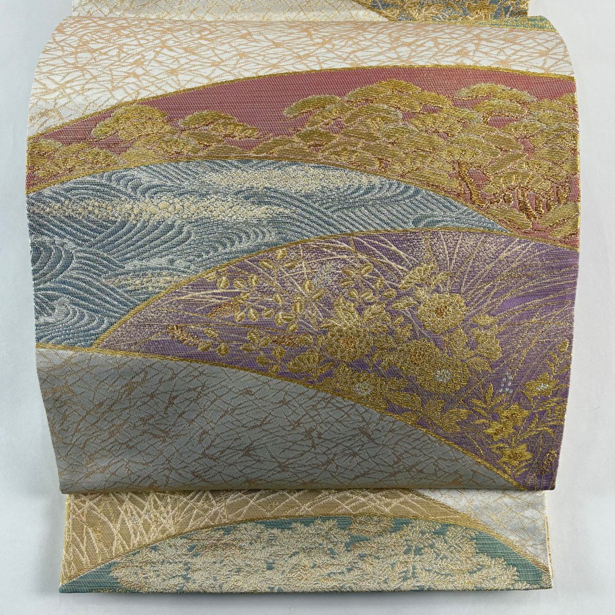 【美品】 袋帶 名品級 祥園 落款あり 松樹 波 金銀糸 金金箔 銀色 六通 純蠶絲