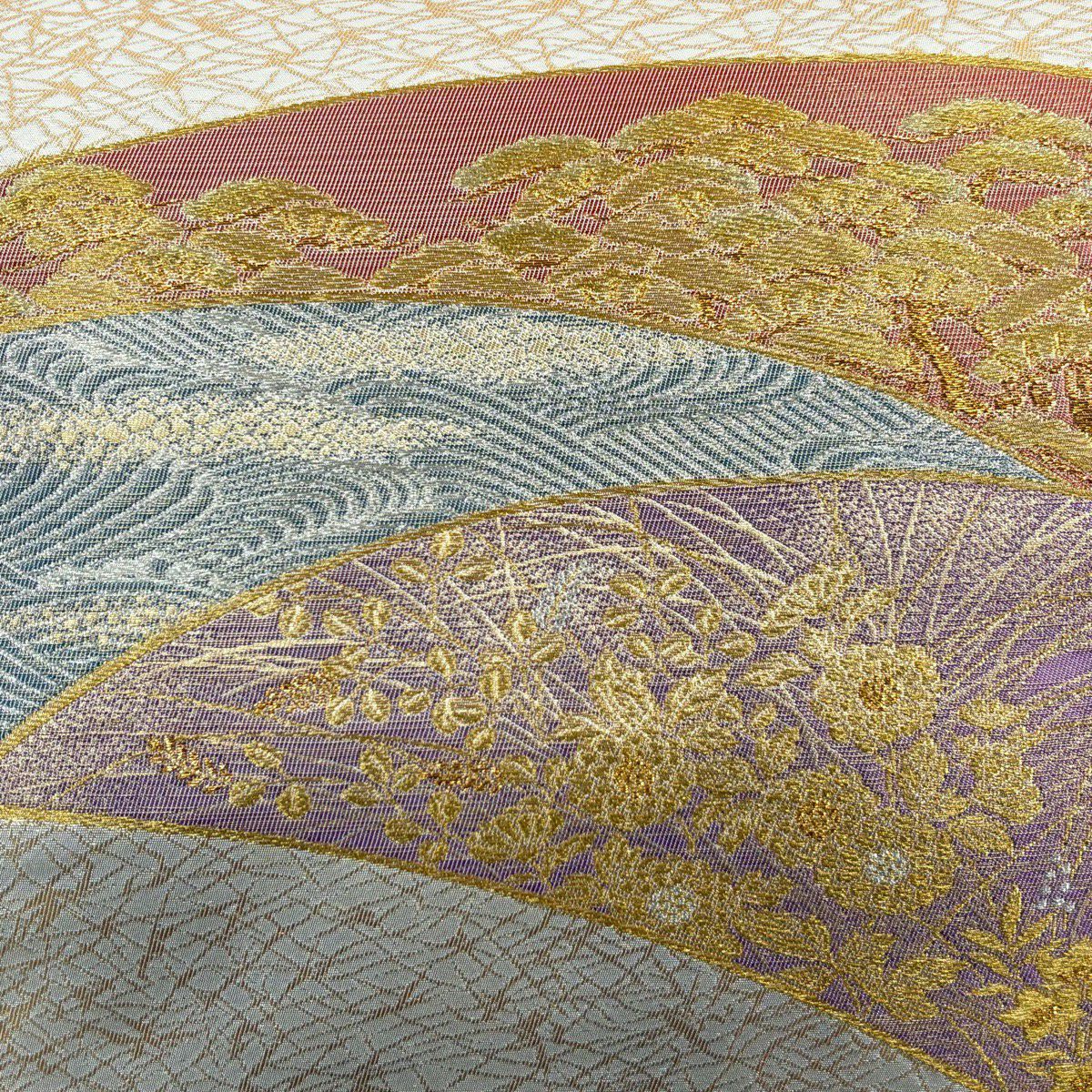 【美品】 袋帶 名品級 祥園 落款あり 松樹 波 金銀糸 金金箔 銀色 六通 純蠶絲