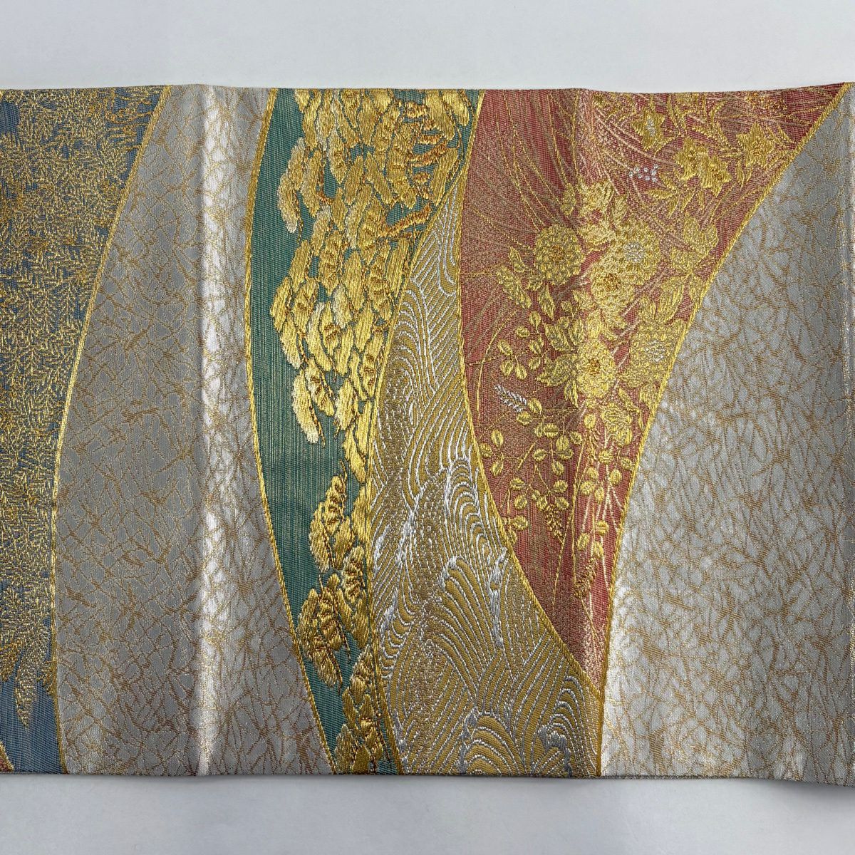 【美品】 袋帶 名品級 祥園 落款あり 松樹 波 金銀糸 金金箔 銀色 六通 純蠶絲
