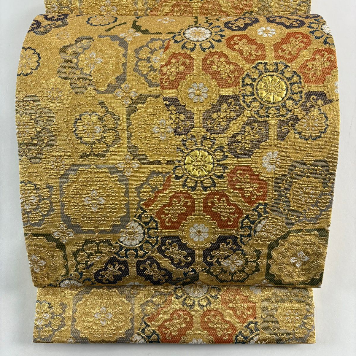 【美品】 袋帶 名品級 菱格子華紋 金銀彩 金色 六通 純蠶絲