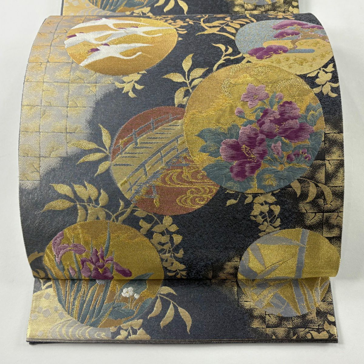 【美品】 袋帶 逸品級 圓文 草花紋 金絲 金金箔 灰色 大鼓圖案 純蠶絲