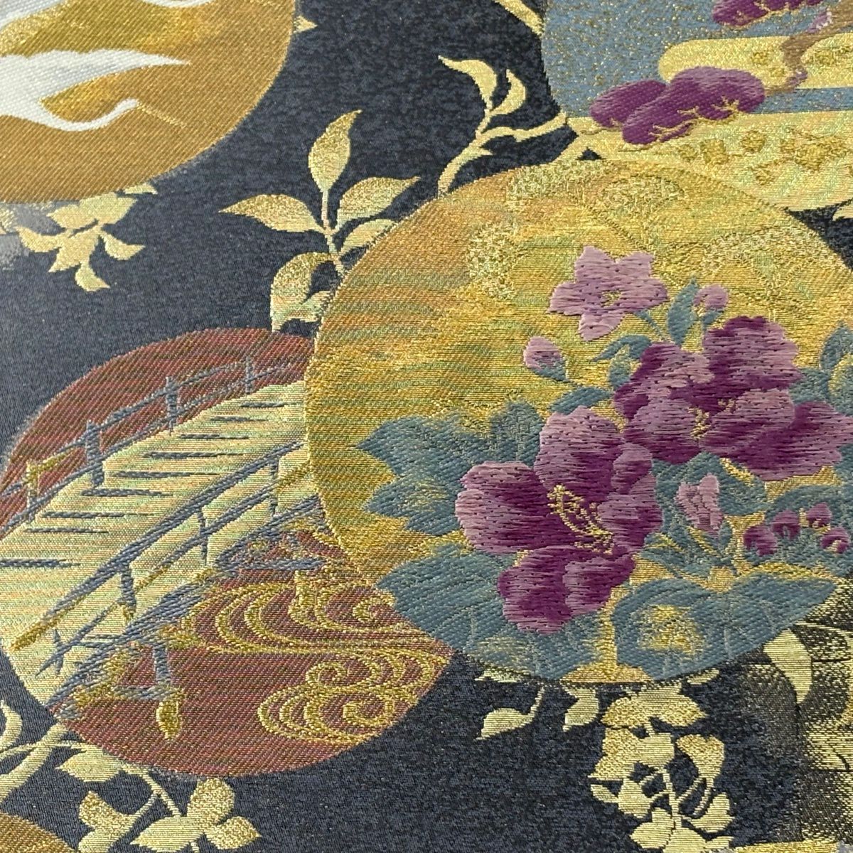 【美品】 袋帶 逸品級 圓文 草花紋 金絲 金金箔 灰色 大鼓圖案 純蠶絲