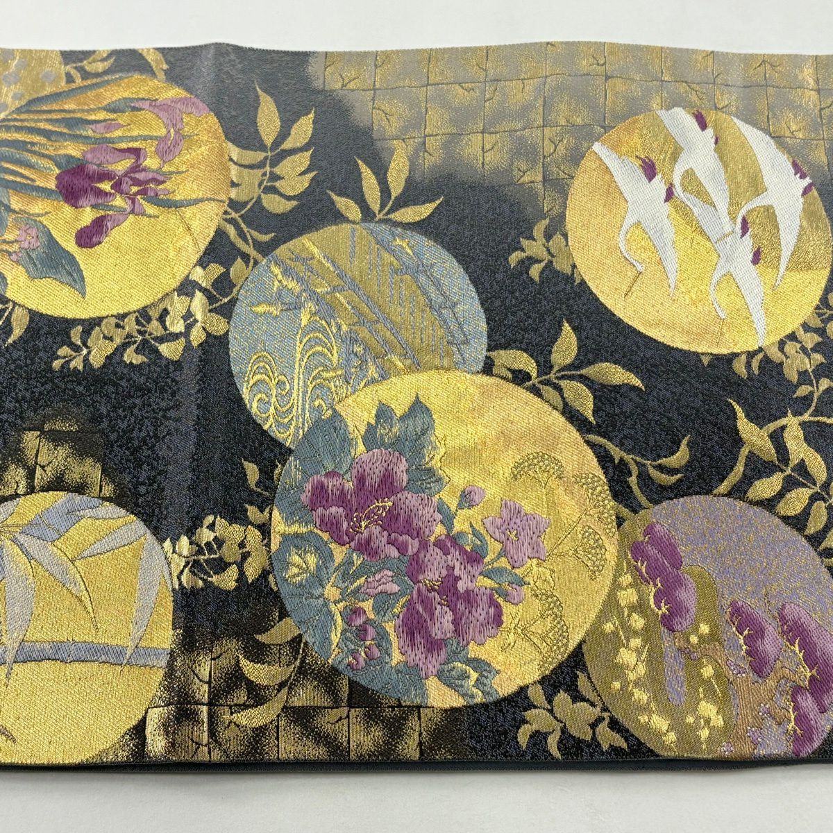 【美品】 袋帶 逸品級 圓文 草花紋 金絲 金金箔 灰色 大鼓圖案 純蠶絲