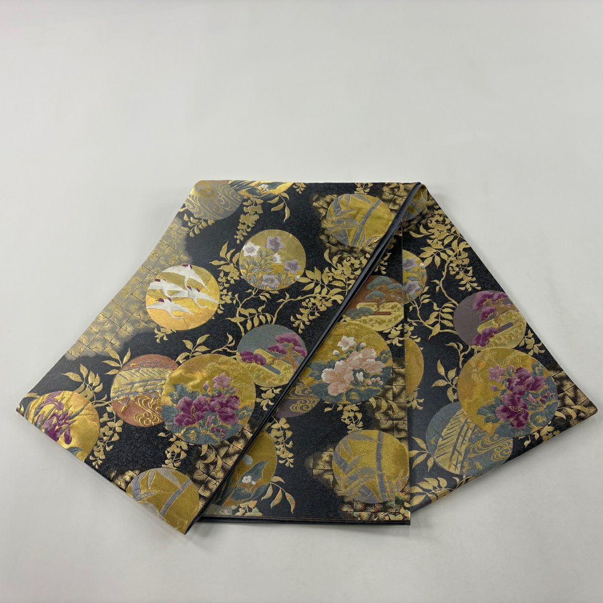 【美品】 袋帶 逸品級 圓文 草花紋 金絲 金金箔 灰色 大鼓圖案 純蠶絲