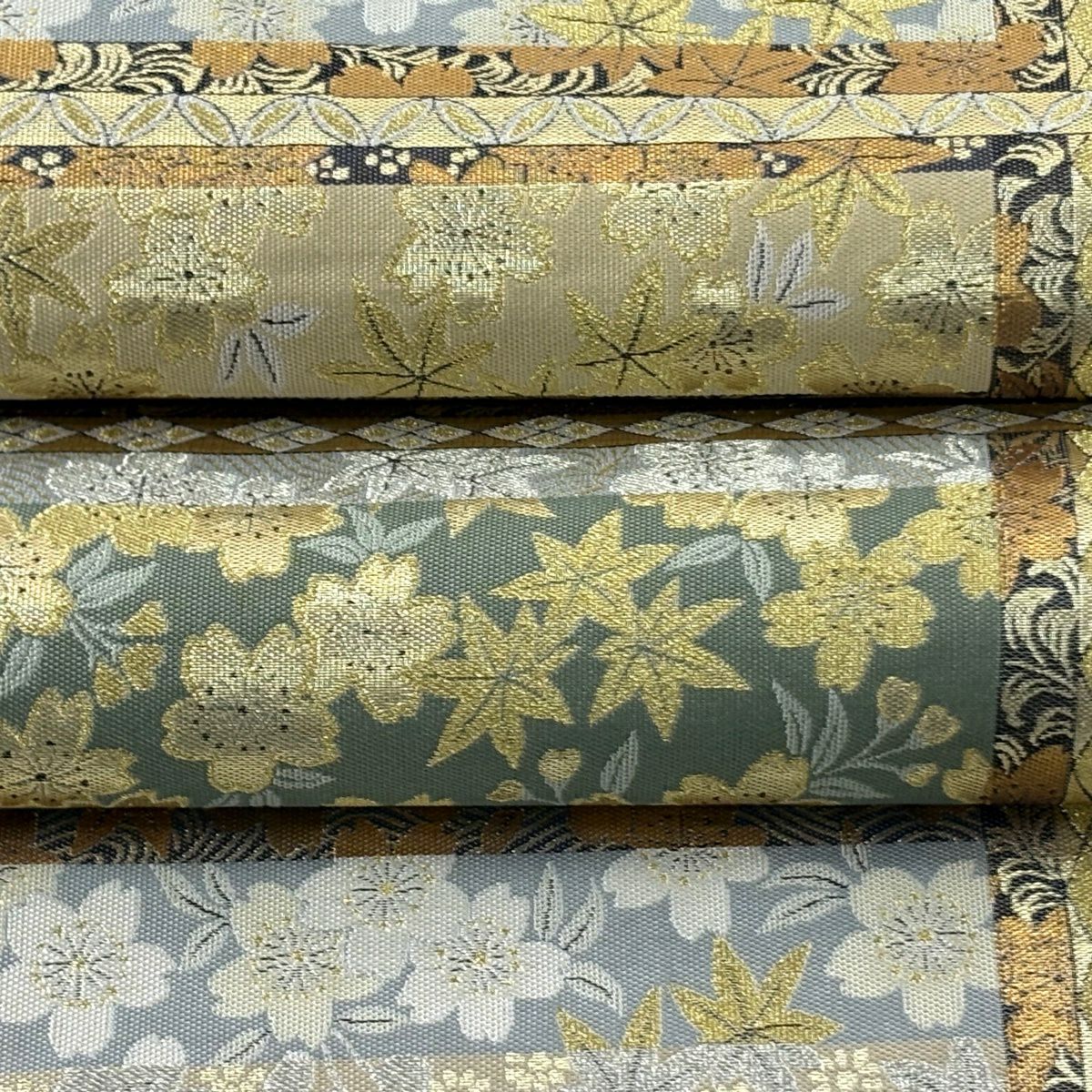 【美品】 袋帶 逸品級 となみ織物 落款あり 樱花 楓樹 金銀彩 金金箔 淡紫 六通 純蠶絲
