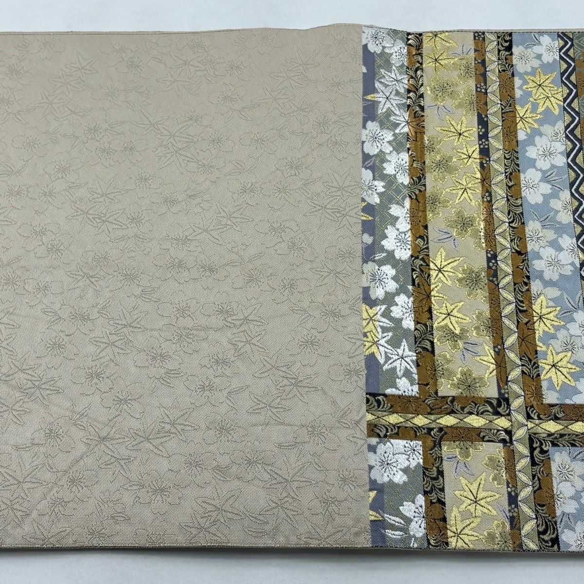 【美品】 袋帶 逸品級 となみ織物 落款あり 樱花 楓樹 金銀彩 金金箔 淡紫 六通 純蠶絲