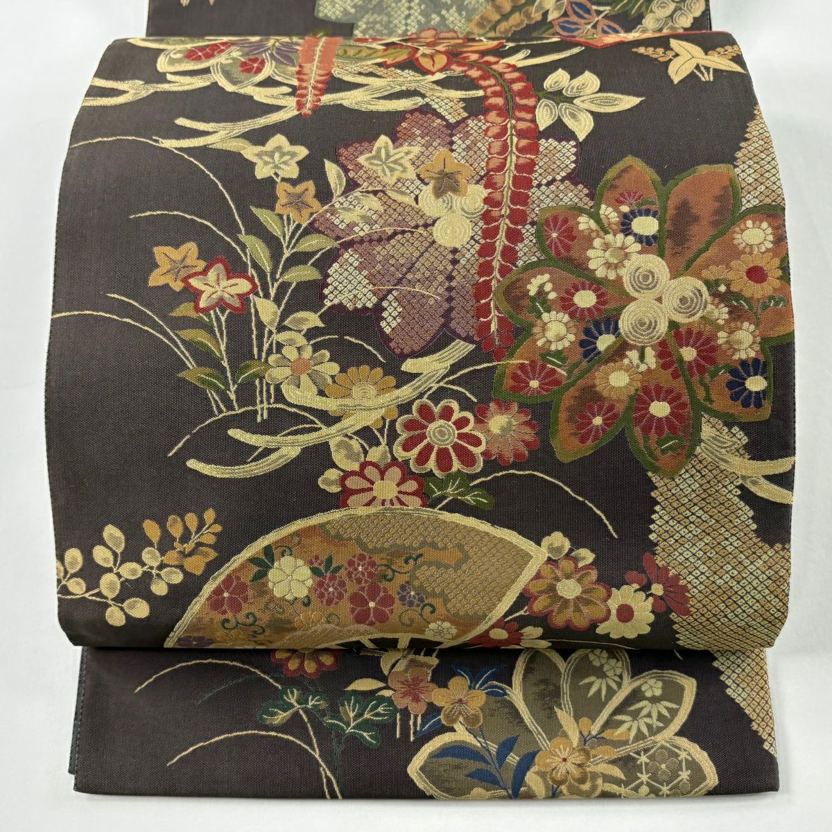 【美品】 袋帶 逸品級 證書齊全 扇子面 草花紋 茶綠 六通 純蠶絲