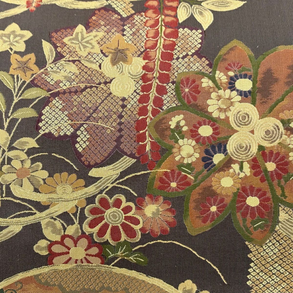 【美品】 袋帶 逸品級 證書齊全 扇子面 草花紋 茶綠 六通 純蠶絲