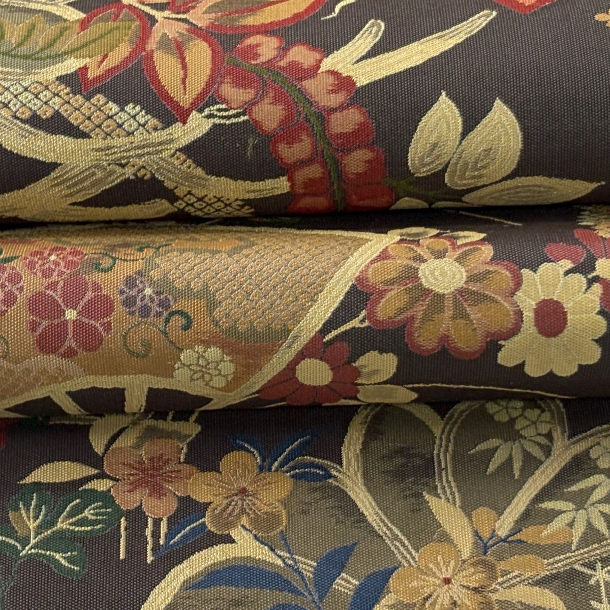 【美品】 袋帶 逸品級 證書齊全 扇子面 草花紋 茶綠 六通 純蠶絲