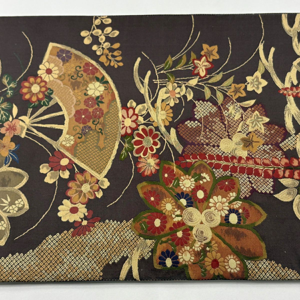 【美品】 袋帶 逸品級 證書齊全 扇子面 草花紋 茶綠 六通 純蠶絲
