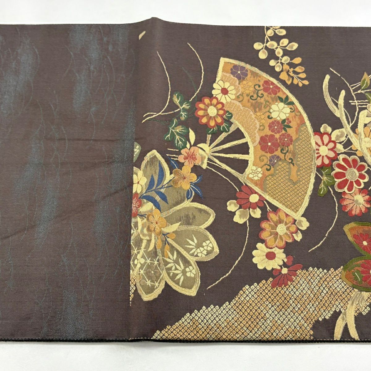【美品】 袋帶 逸品級 證書齊全 扇子面 草花紋 茶綠 六通 純蠶絲