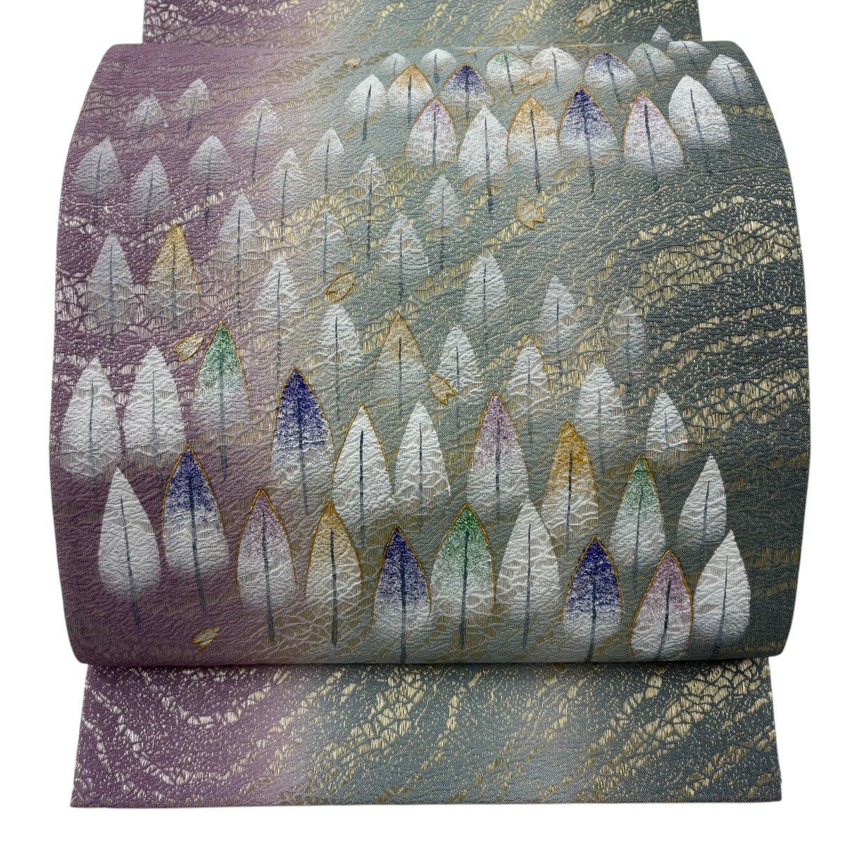 【美品】 袋帶 秀品級 樹木 花瓣 金彩裝飾 金銀絲 淺紫 お太鼓圖案 純蠶絲