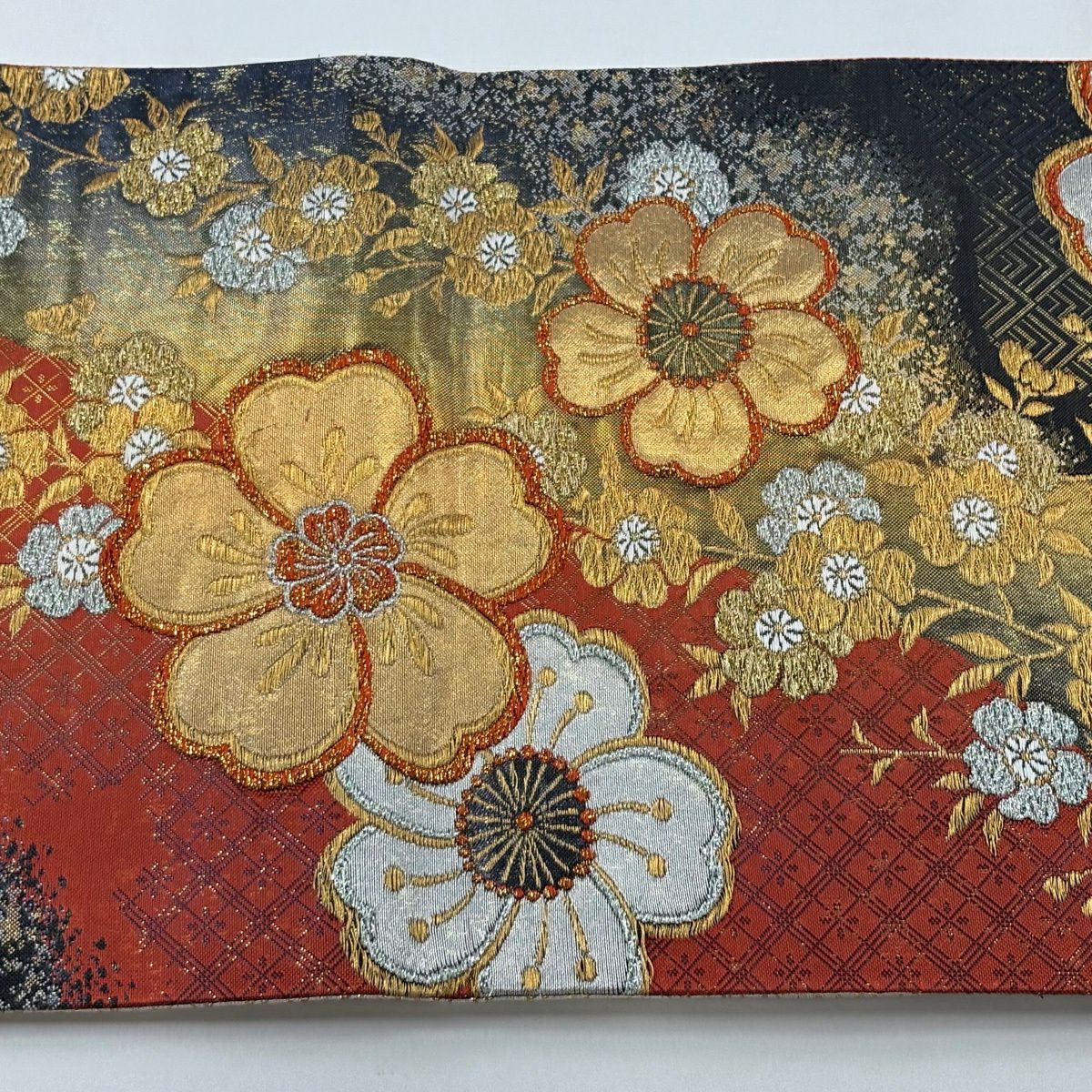 袋帶 秀品級 櫻花 菱形 金金箔 墨色 全通 純蠶絲