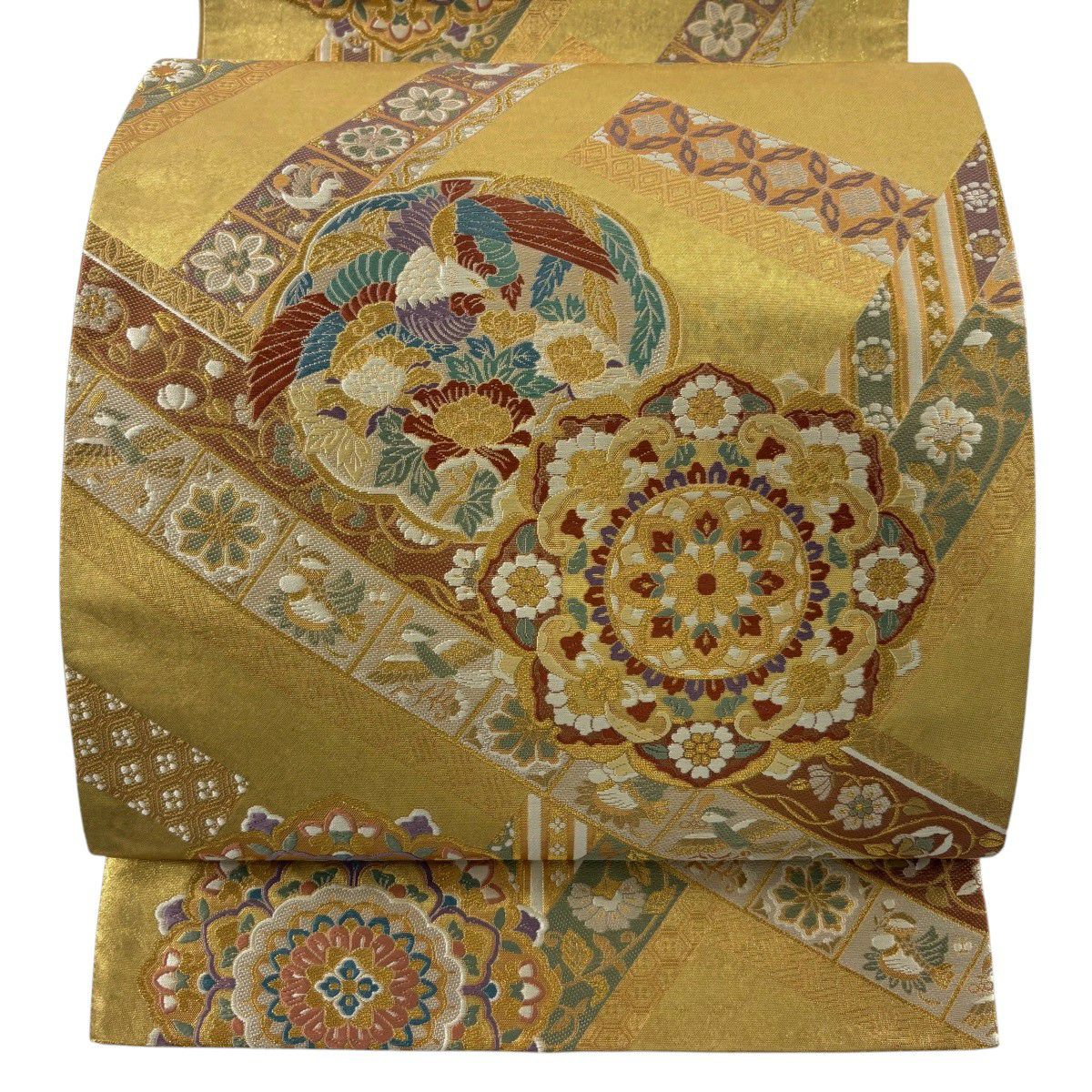 【美品】 袋帶 秀品級 華紋 花鳥 金金箔 唐織 金色 六通 純蠶絲