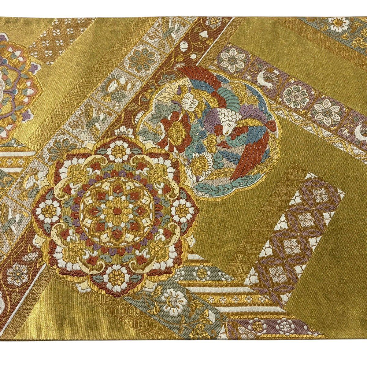 【美品】 袋帶 秀品級 華紋 花鳥 金金箔 唐織 金色 六通 純蠶絲