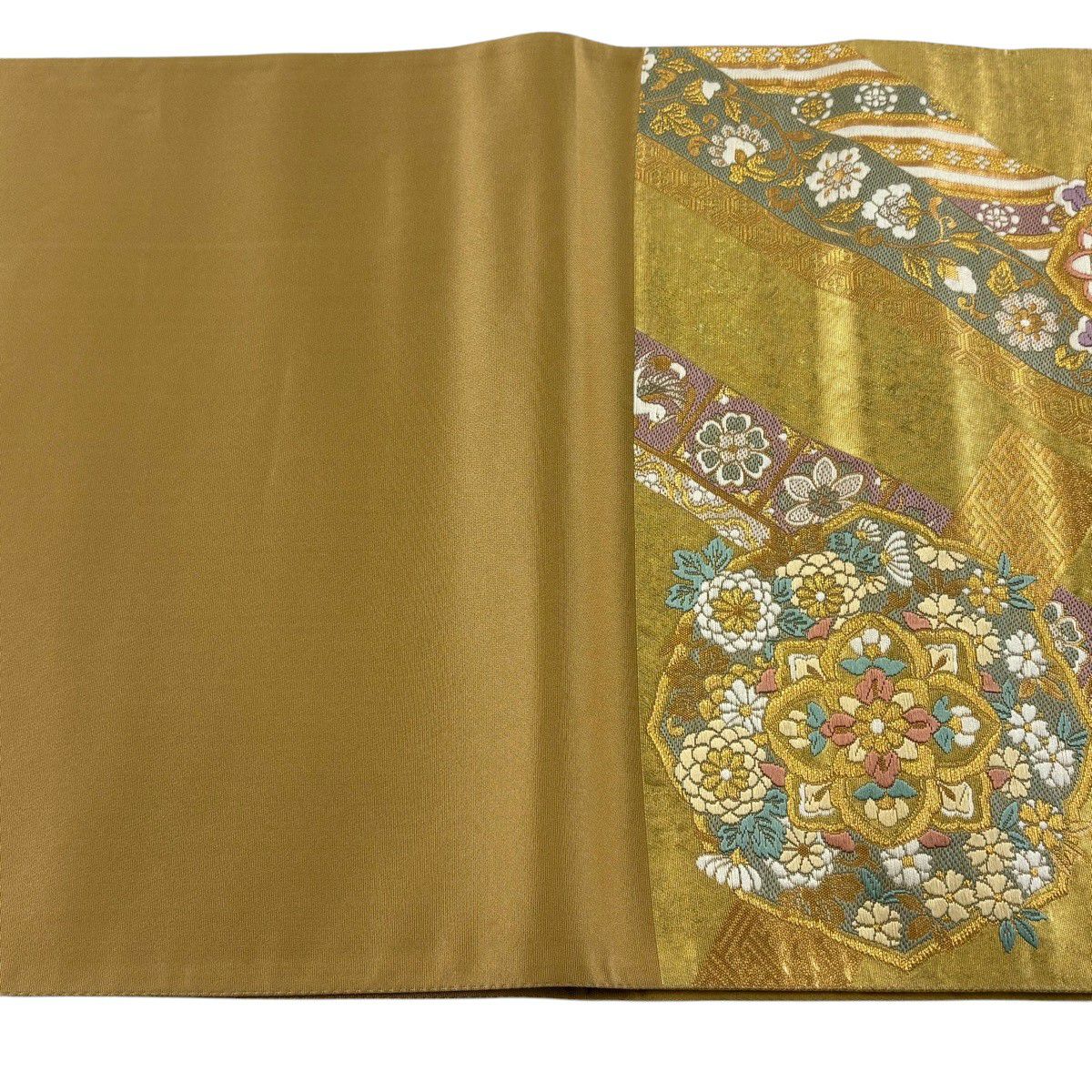 【美品】 袋帶 秀品級 華紋 花鳥 金金箔 唐織 金色 六通 純蠶絲