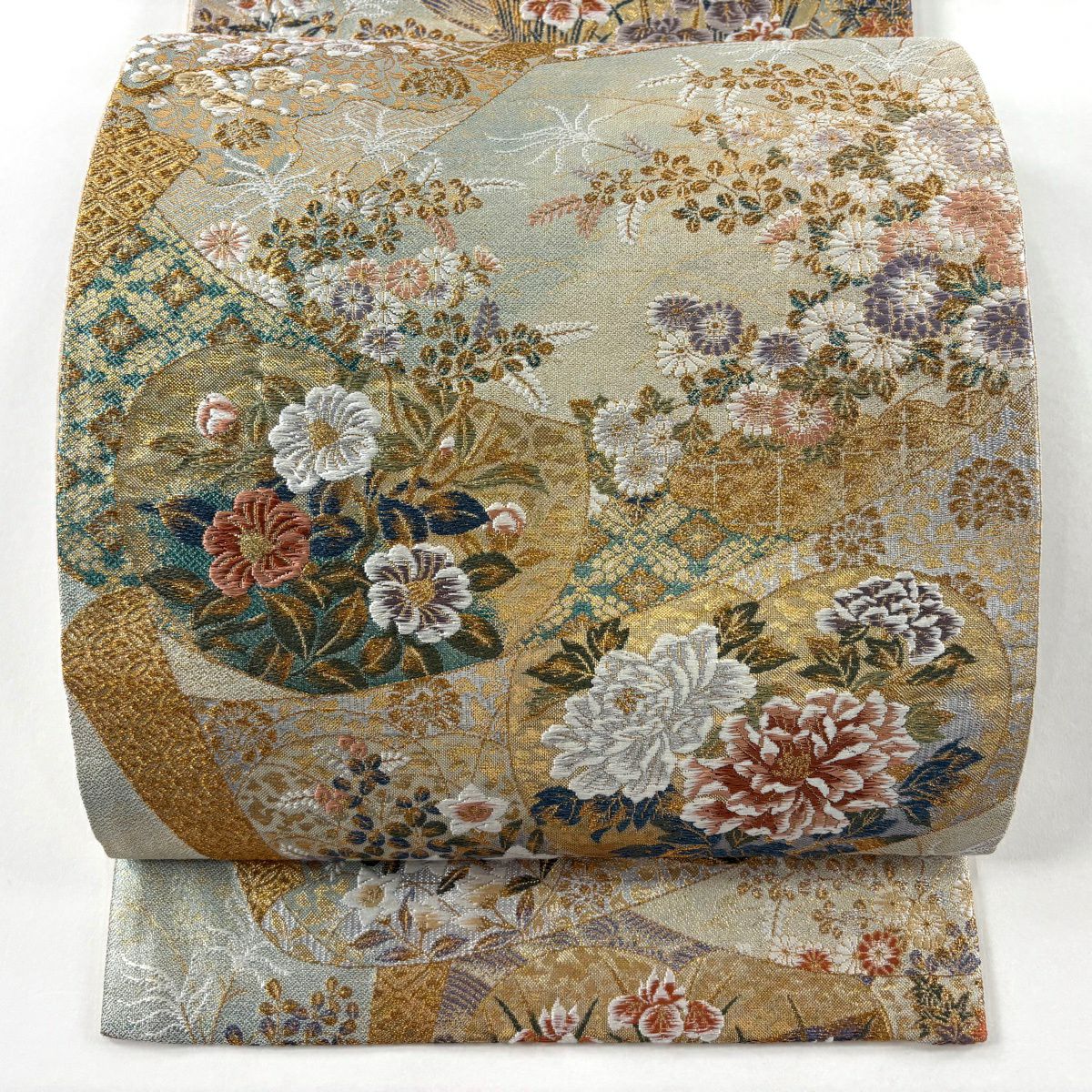 【美品】 袋帶 秀品級 草花紋紋 牡丹 金金箔 唐織 灰綠 六通 純蠶絲