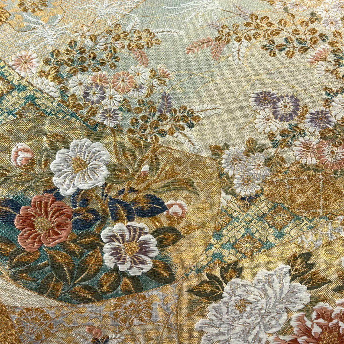 【美品】 袋帶 秀品級 草花紋紋 牡丹 金金箔 唐織 灰綠 六通 純蠶絲