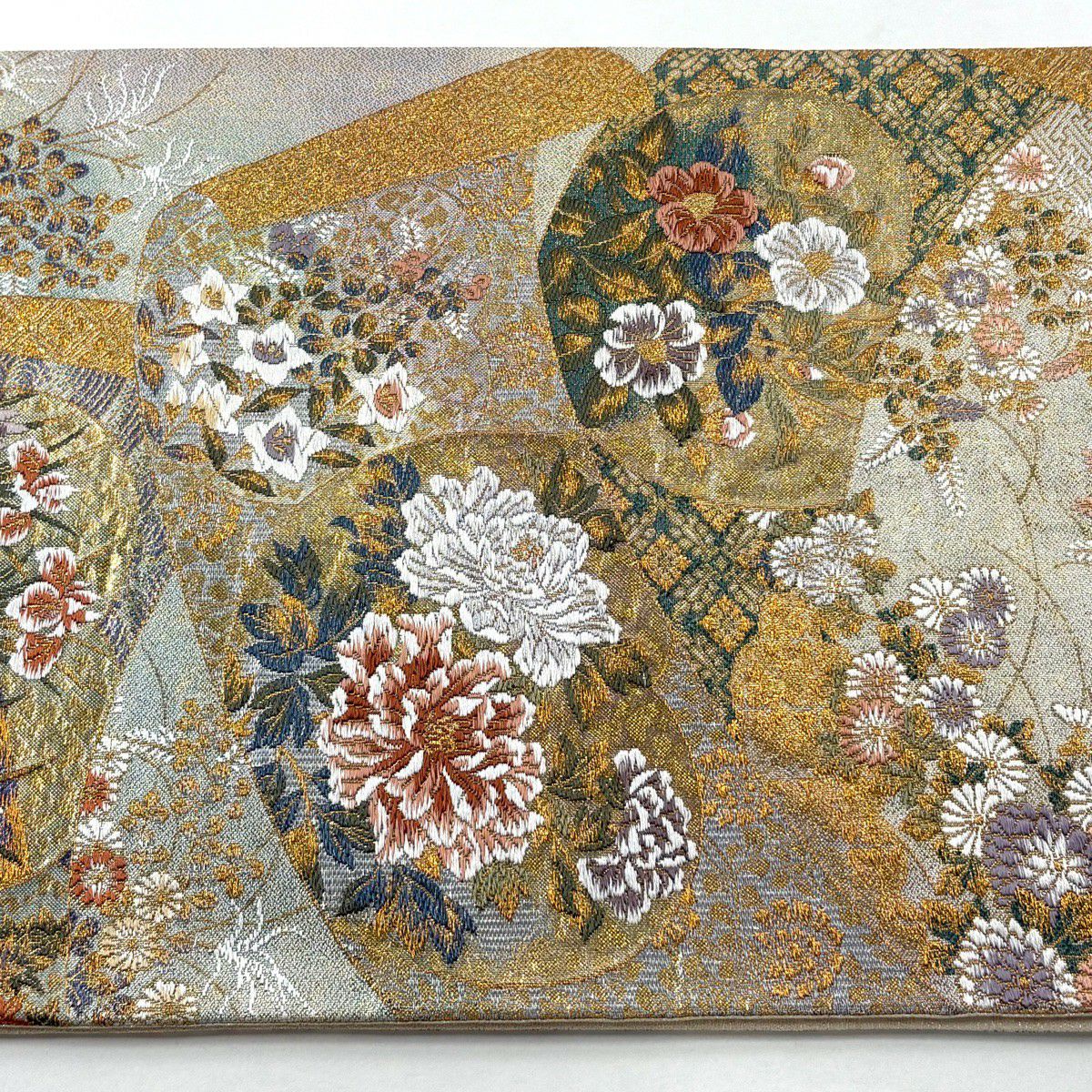 【美品】 袋帶 秀品級 草花紋紋 牡丹 金金箔 唐織 灰綠 六通 純蠶絲