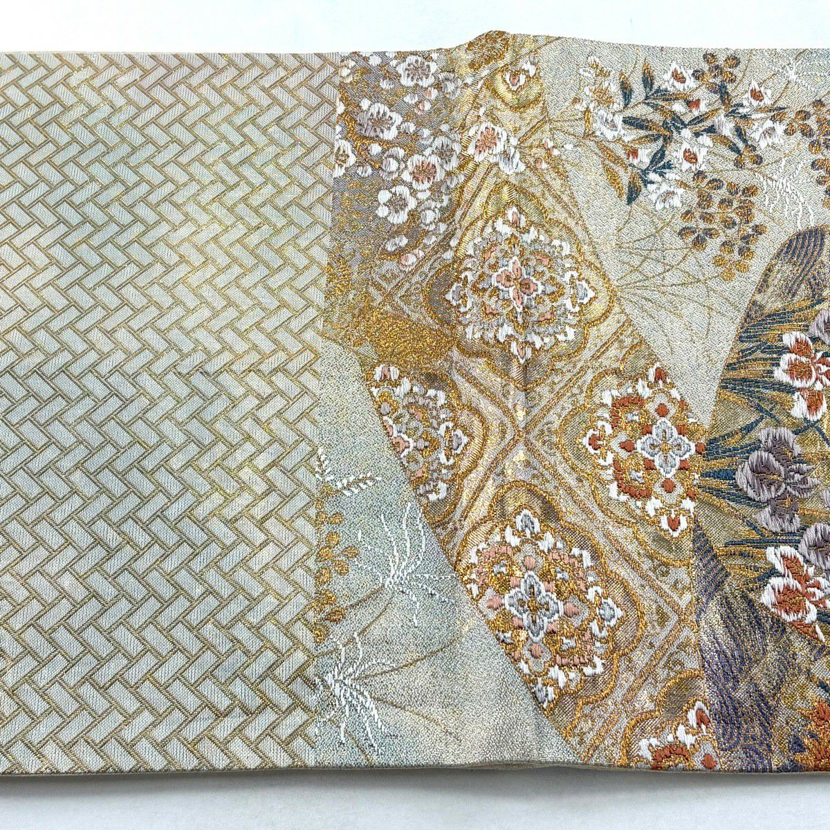 【美品】 袋帶 秀品級 草花紋紋 牡丹 金金箔 唐織 灰綠 六通 純蠶絲