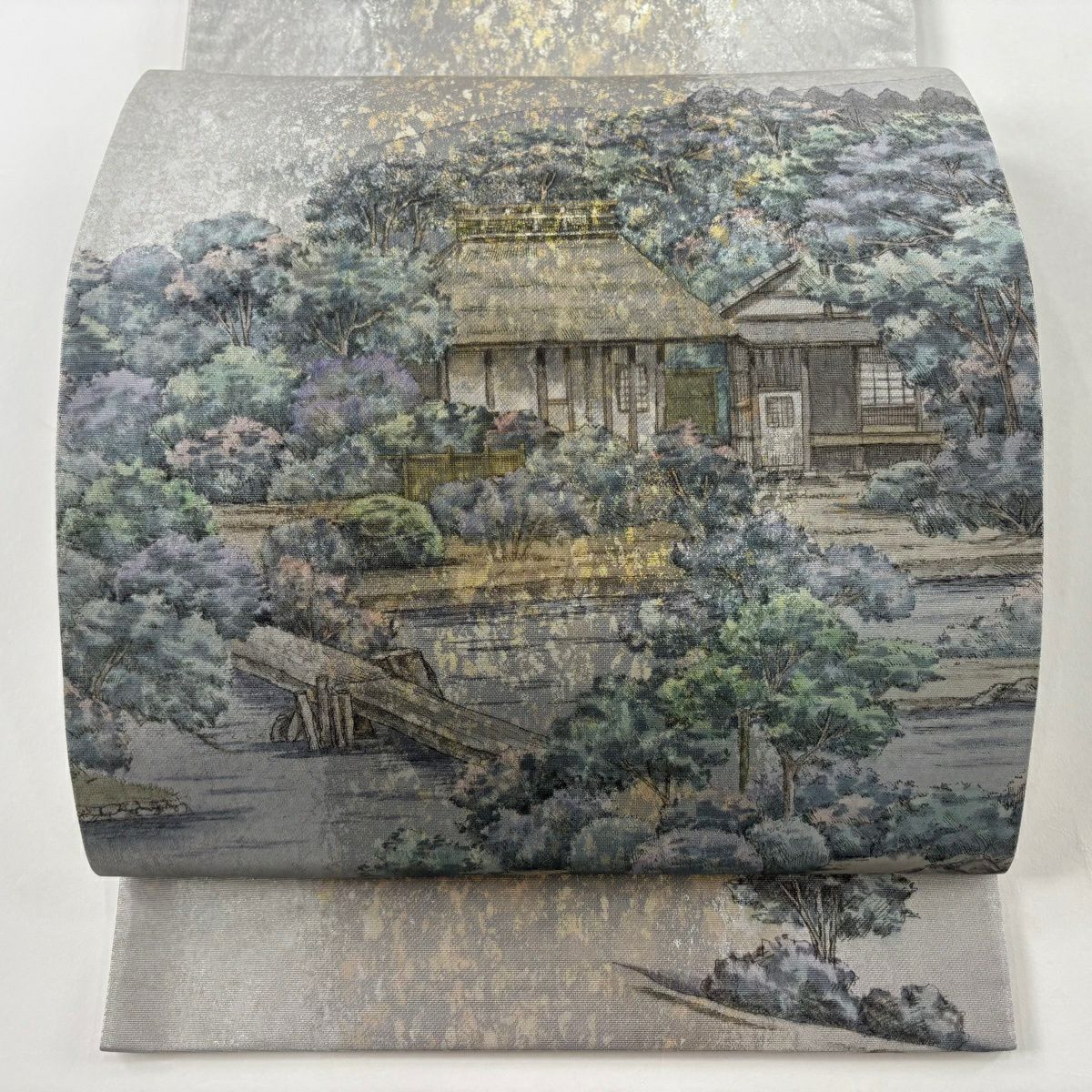 【美品】 袋帶 秀品級 附落款 風景 建築 金金箔 灰色 大鼓圖案 純蠶絲