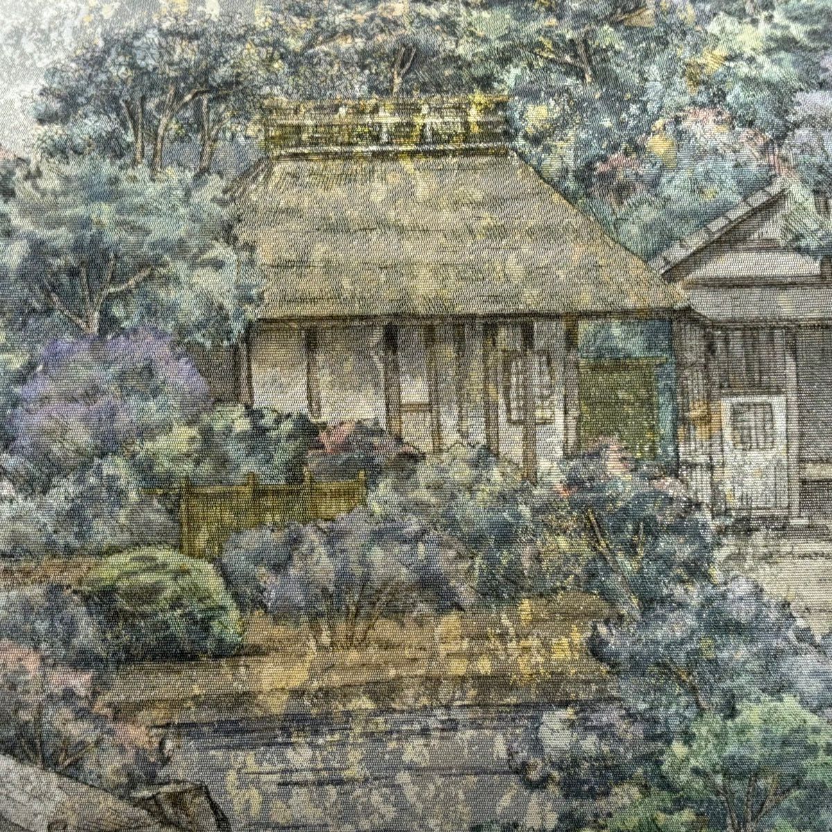 【美品】 袋帶 秀品級 附落款 風景 建築 金金箔 灰色 大鼓圖案 純蠶絲