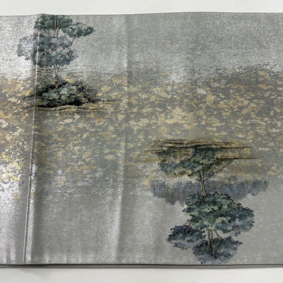 【美品】 袋帶 秀品級 附落款 風景 建築 金金箔 灰色 大鼓圖案 純蠶絲
