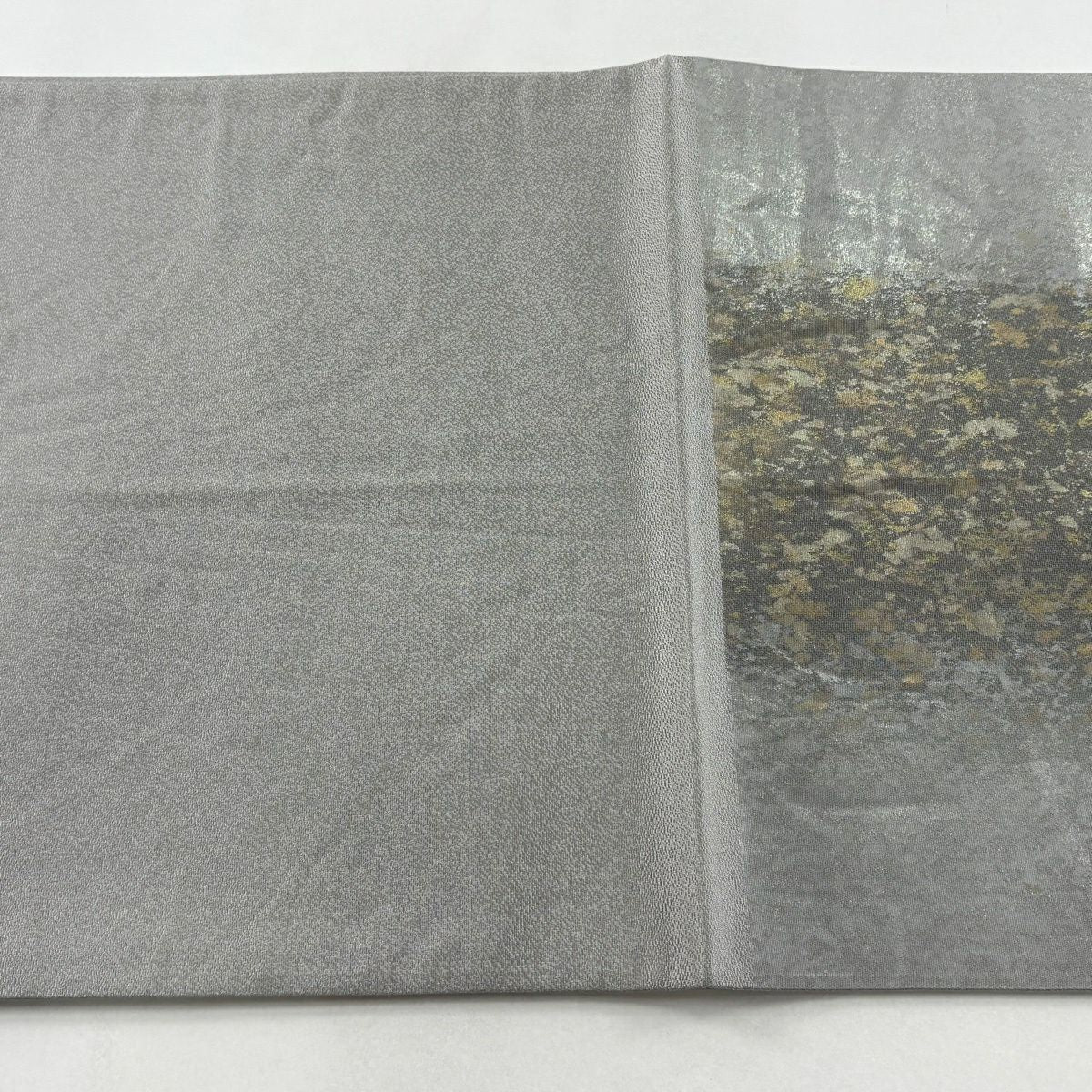 【美品】 袋帶 秀品級 附落款 風景 建築 金金箔 灰色 大鼓圖案 純蠶絲